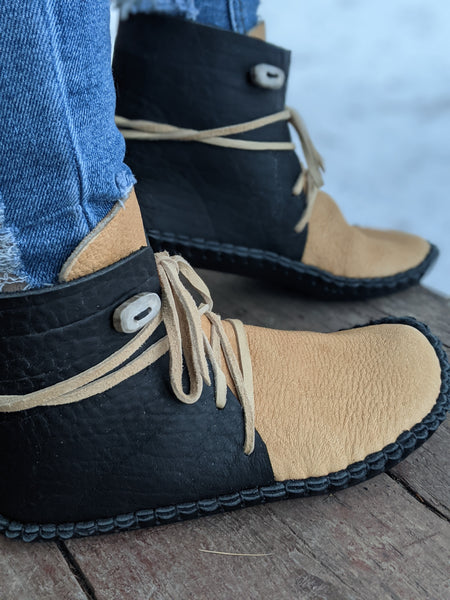 Big Sky Moccasins - Smoke & Black with Antler Buttons - Size 8 Women's